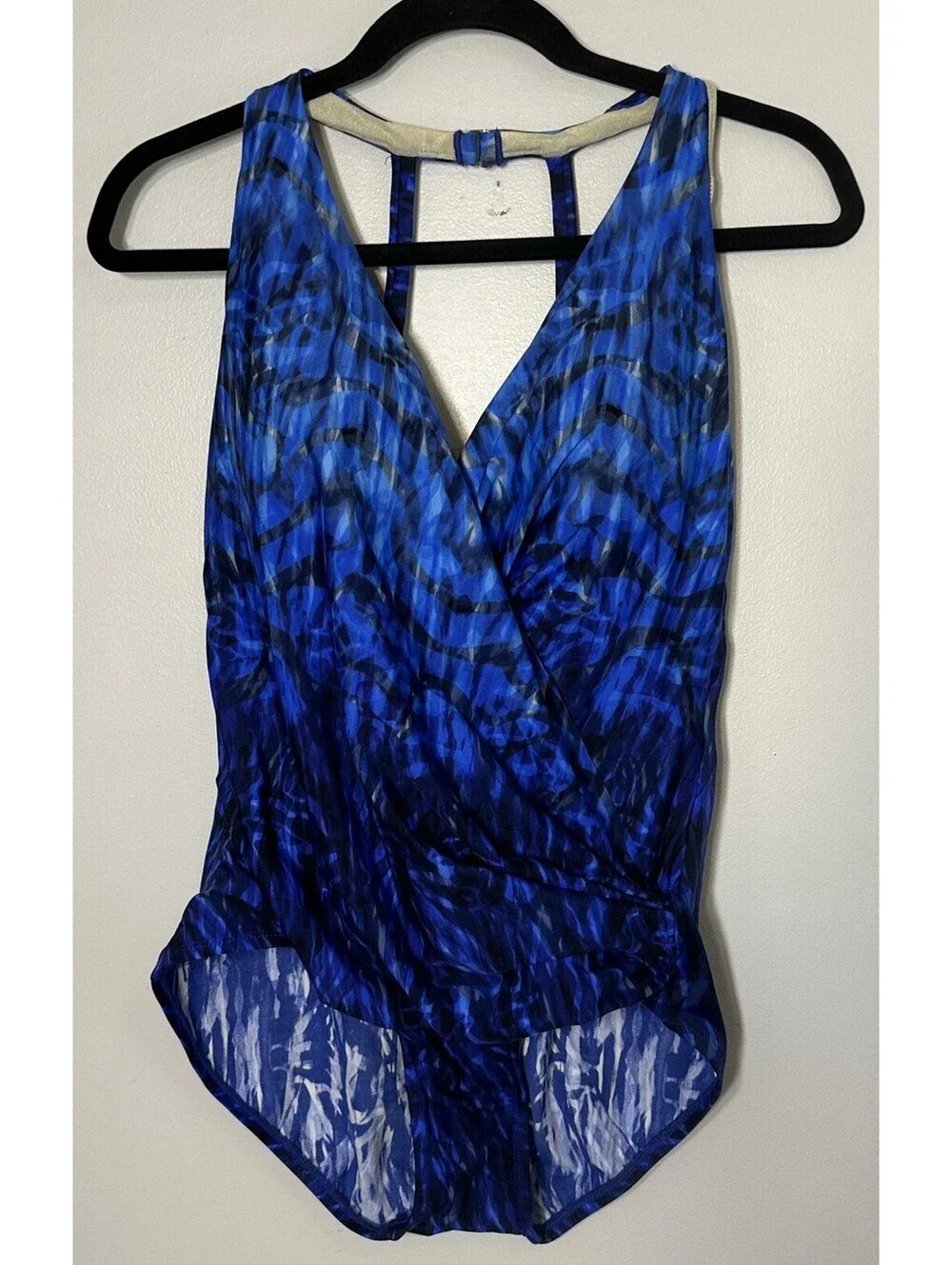 Miraclesuit Slimming One Piece Swimsuit Blue Print Cross Front Haltered Size 14.